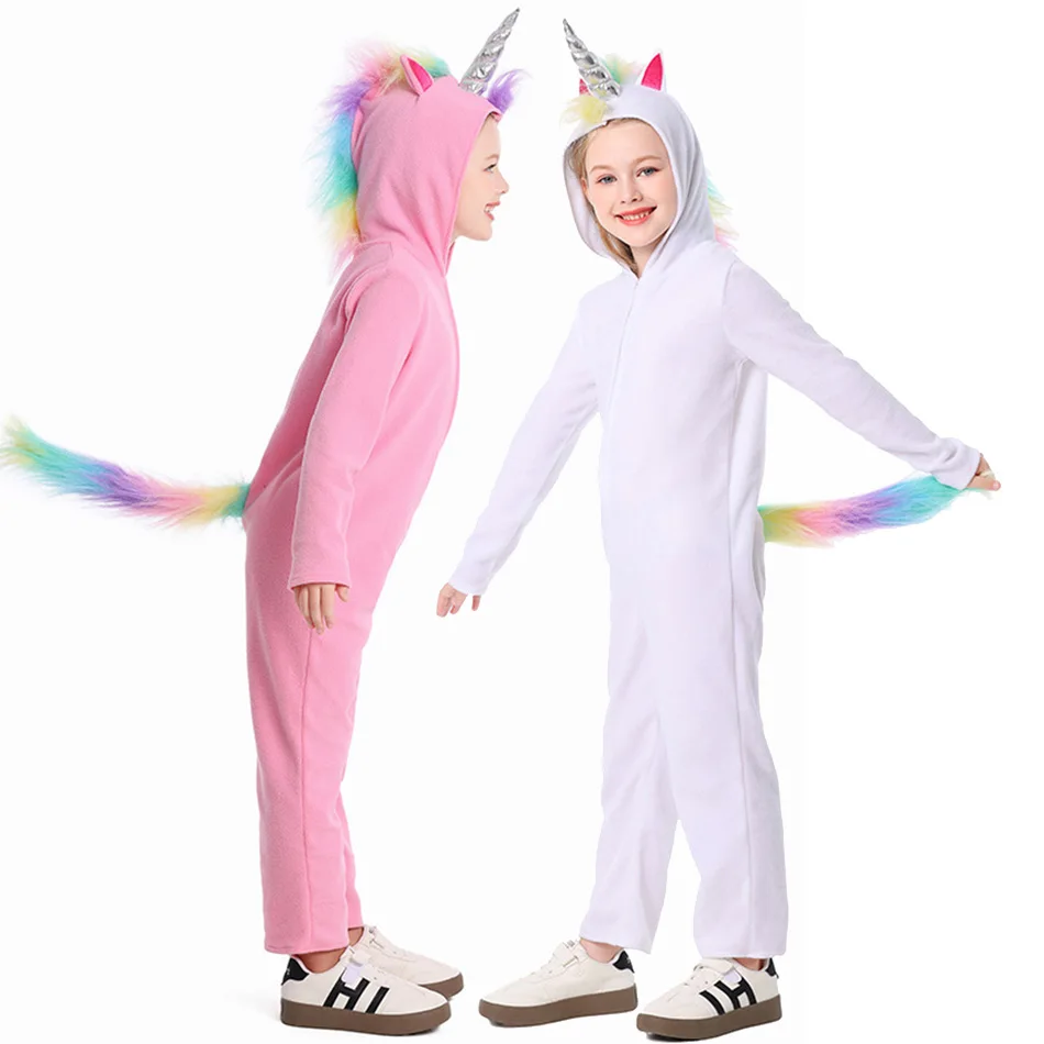 Purim Unicorn Pajamas Cosplay Costume with Rainbow Horn Tail Pink White Soft Animal Onesie Hooded for Halloween Party Dress Up