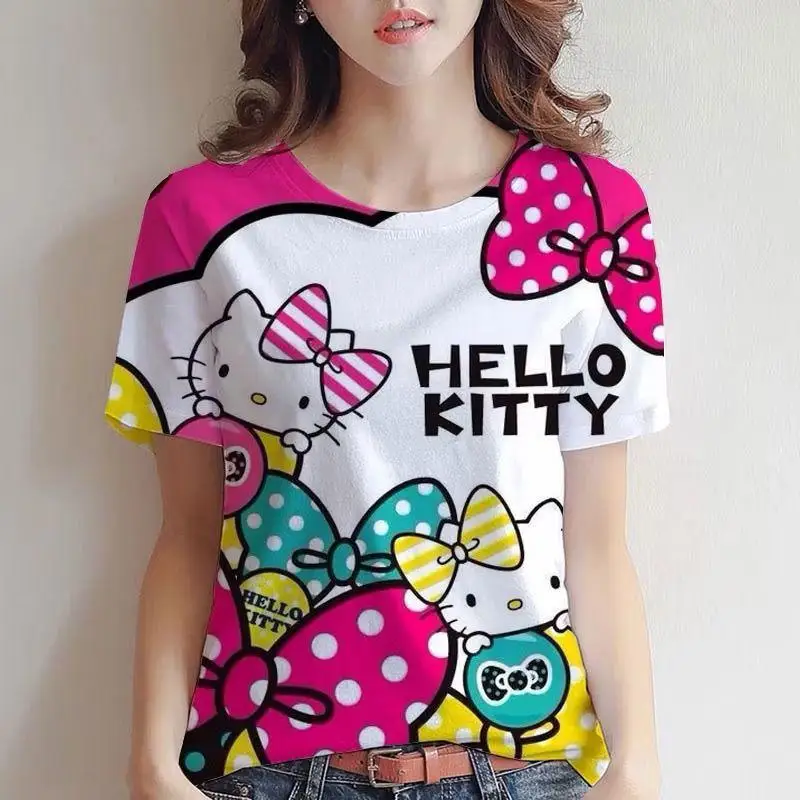 

Sanrios Cute Short Sleeved Hello Kittys Cartoon T Shirt Breathable Girl Loose Casual Comfortable Commuting Thin Birthday Present