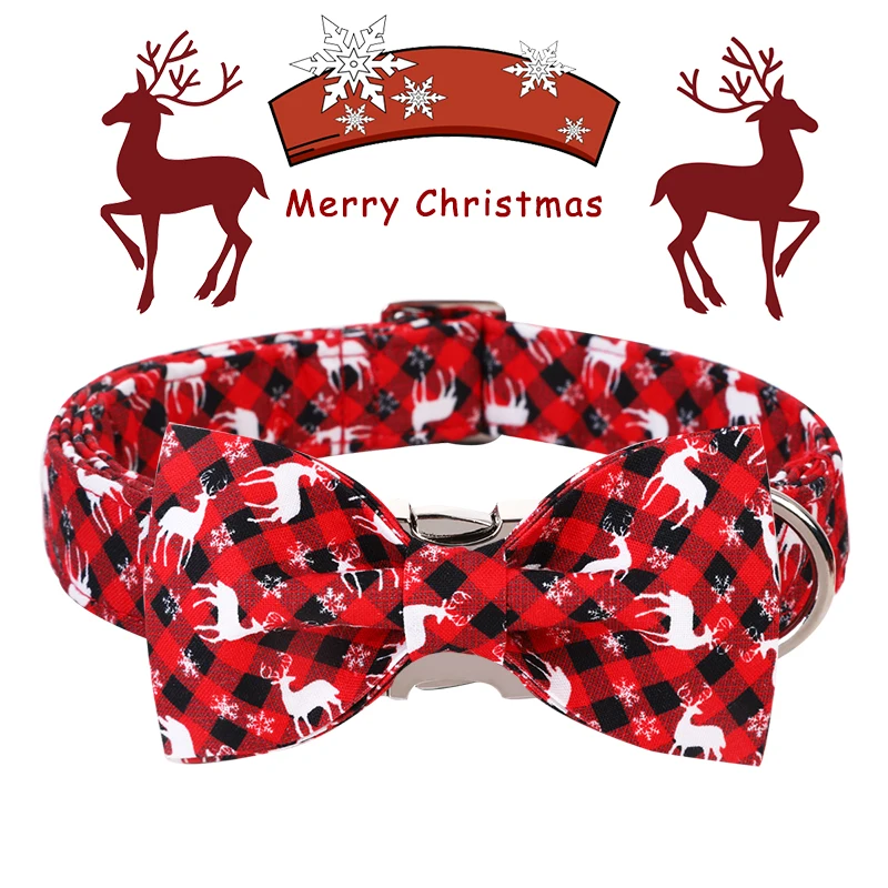 Unique Style Paws Personlized Christmas Dog Collar with Bow Red Plaid Deer Puppy Collar Flower Dog Collar Large Medium Small Dog