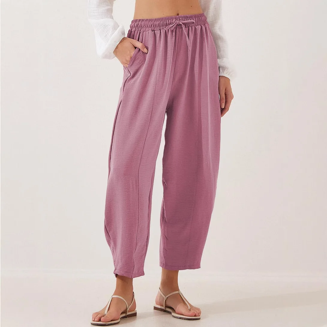 Women's 2025 Spring and Summer High Waist Loose Holiday Casual Drawstring Pocket Cropped Bloomers Streetwear Women