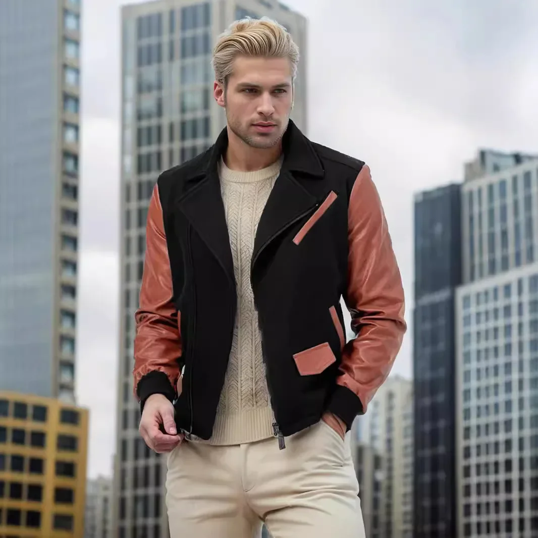 2024 Men's Spring and Autumn Color-blocked Zipper Jacket, Korean Style Trendy PU Leather Fashionable and Personalized Jacket