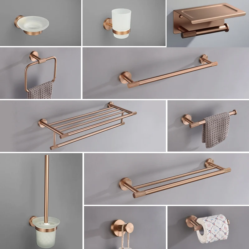

Brushed Rose Gold Hardware Set Stainless Steel Bathrobe Hook Towel Bar Toilet Paper Holder Towel Ring Bathroom Accessories