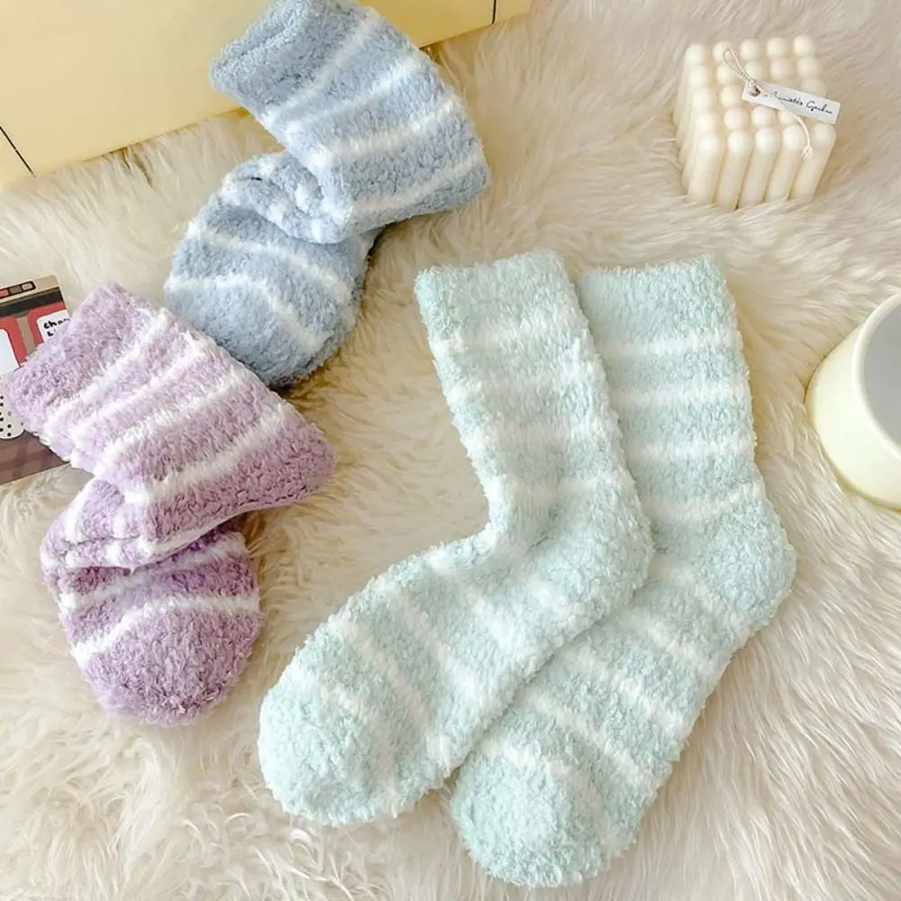 

6Pairs Sweet Stripe Coral Fleece Socks Patchwork Warm Thicken Velvet Socks Hosiery Sleeping Socks Fall/Winter