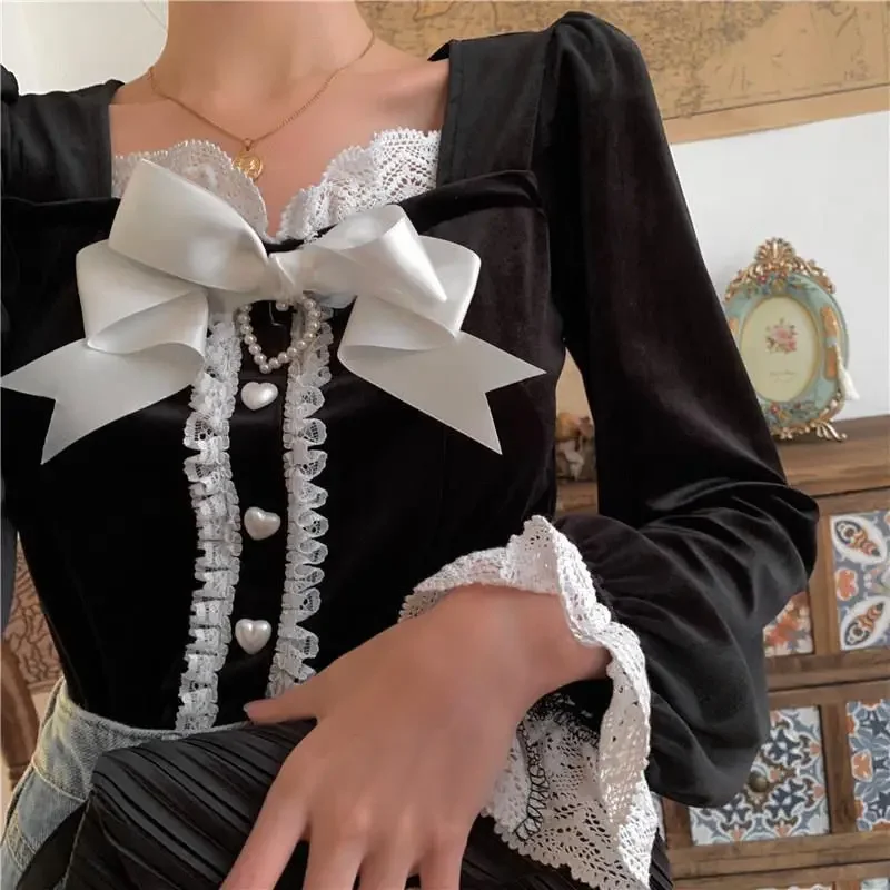 Frill Lace Ruffle Bow Pearls Heart Shape Button Black Velvet Shirt Long Sleeve Blouse Women Korean Clothes Cute Retro Top Blusas