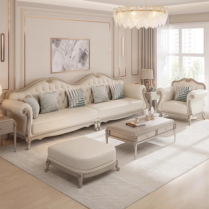 French luxury leather sofa solid wood hand-carved 1 2 3 module combination European living room sofa set furniture