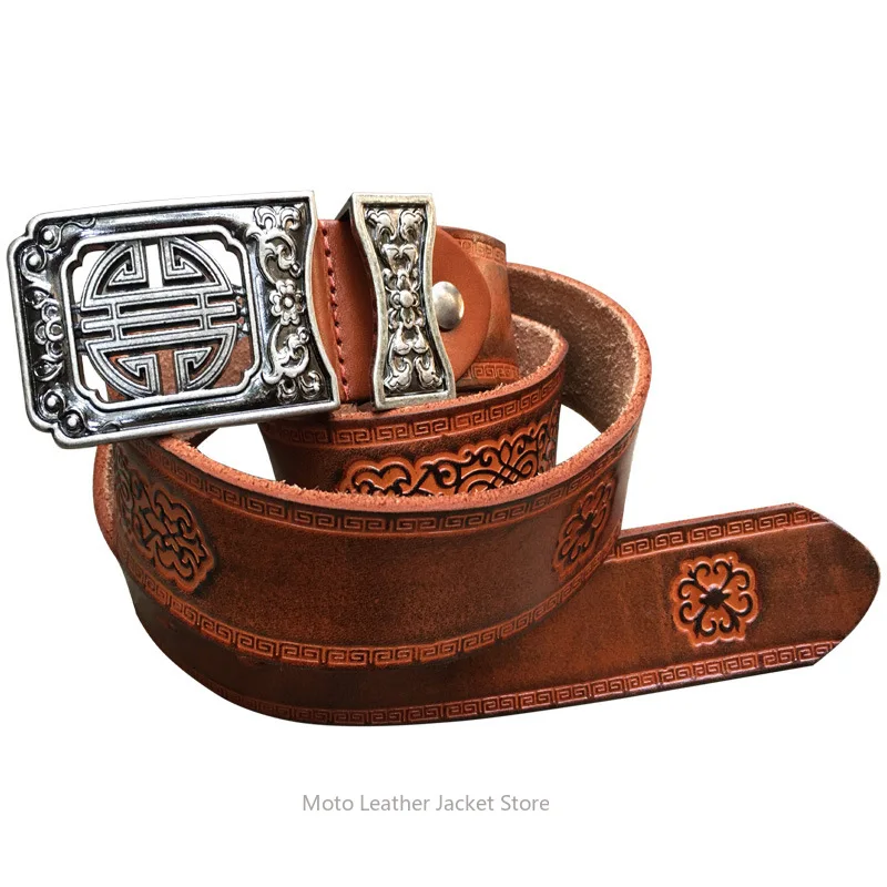 2026 New Ethnic Style Genuine Leather Belt, Personalized Embossed Carved Unisex Strap, Mongolian Style Waistband