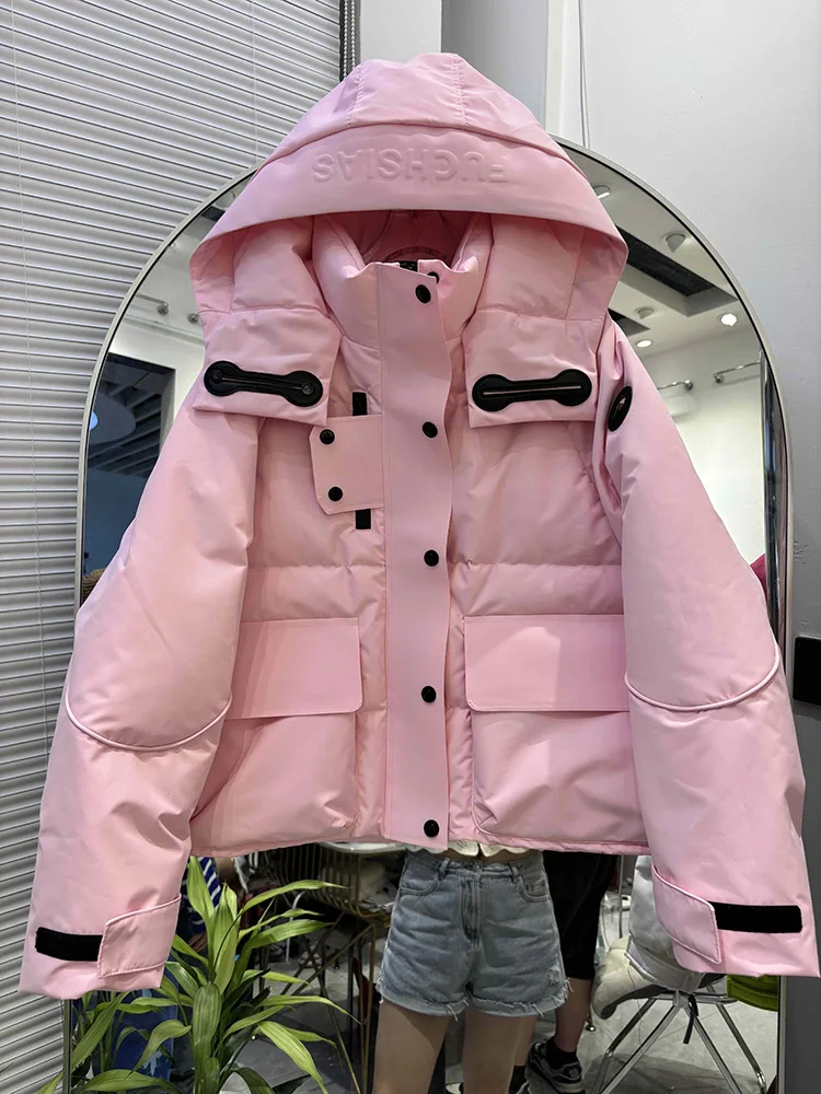 キャンディーカラーのゆったりとした暖かい防風服、厚手のパファーコート、レディースフード付きパーカー、冬用90%ホワイトダックダウンジャケット