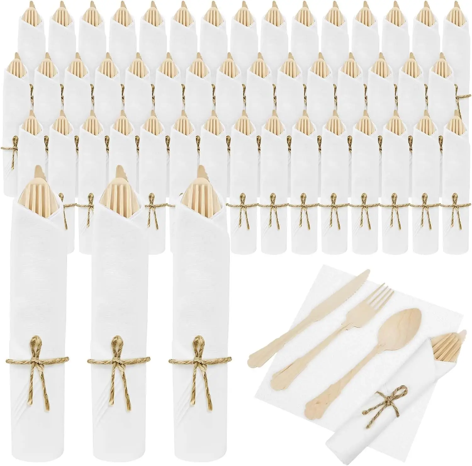 

100Pack Pre Wrapped Disposable Wooden Cutlery - Pre Rolled Wooden Spoons Forks Knives with Napkins