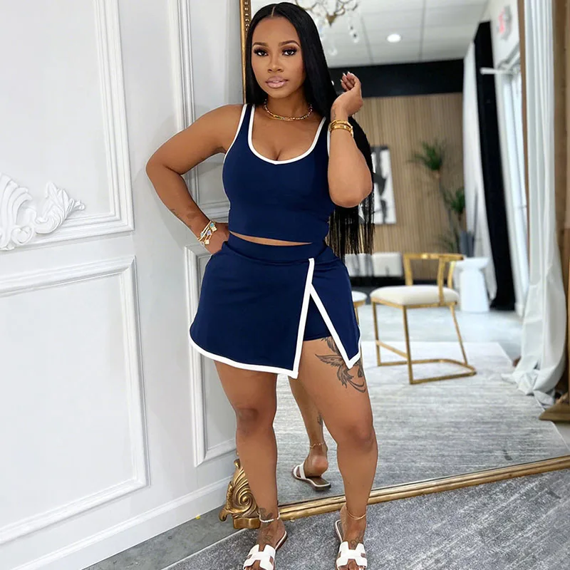 

Casual Striped Tracksuit Woman Two Piece Set Spaghetti Strap Tank Crop Top and Split Mini Skirt Matching Sets Sporty Outfits