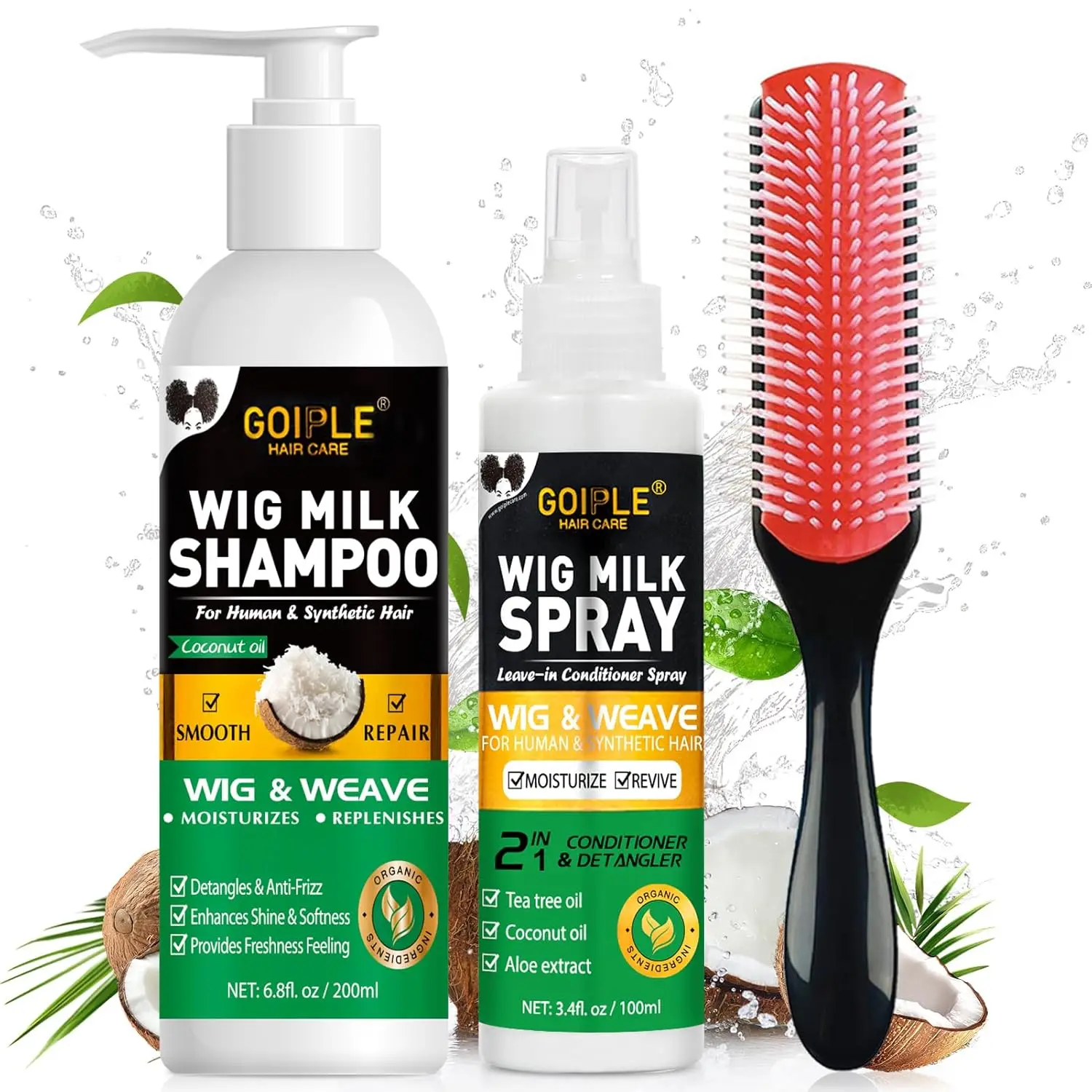 GOIPLE 3 in 1 Wig Care Kit with Shampoo Conditioner Spray and 9-Row Detangler Brush for Human Synthetic Hair Women