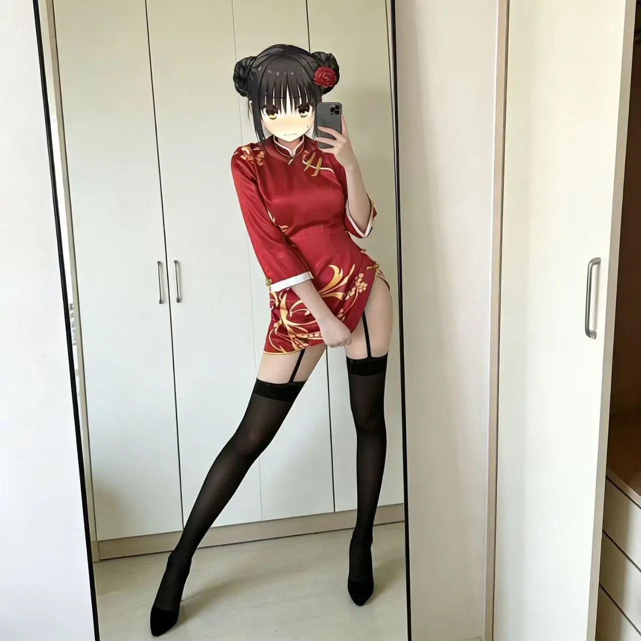 

Shiki Natsume Cosplay Costume from Hoshi no Kissa, Chinese Style Red Cheongsam Split Mini Bodycon Dress Set