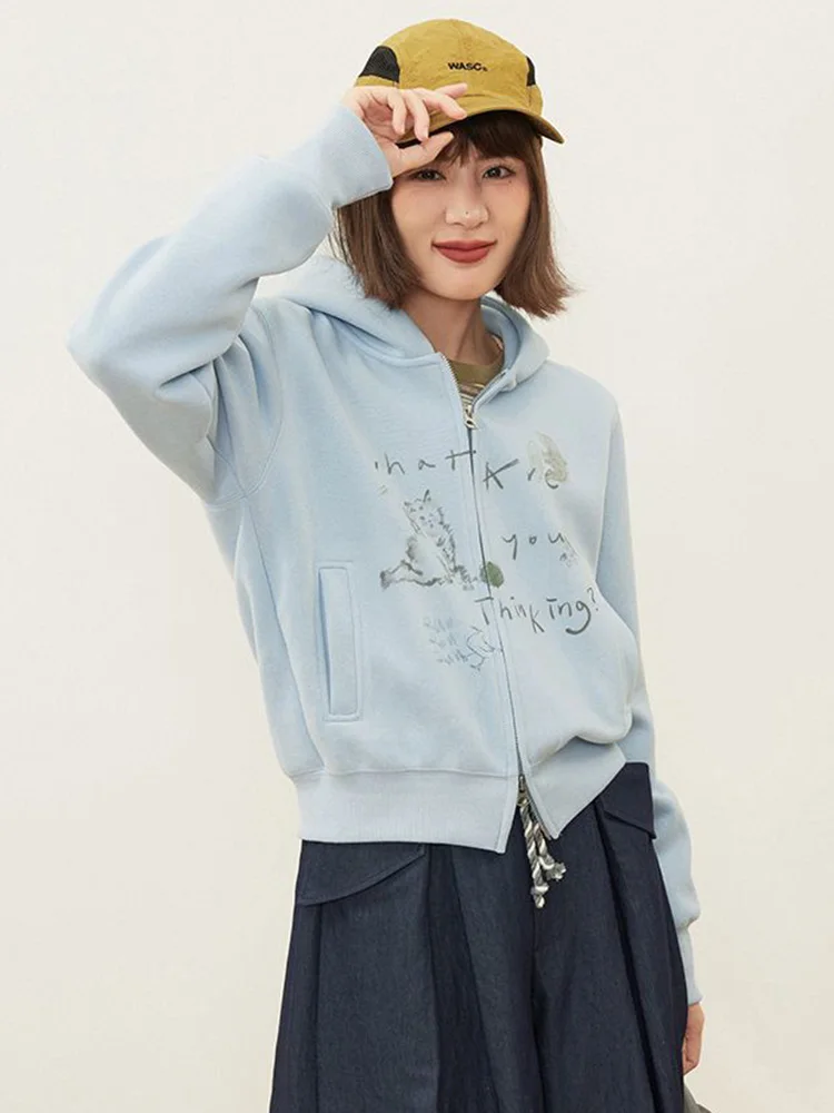 

Толстовки с принтом американских мультфильмов, женские милые толстовки с длинными рукавами и буквами, повседневные весенне-осенние женские универсальные синие топы с карманами