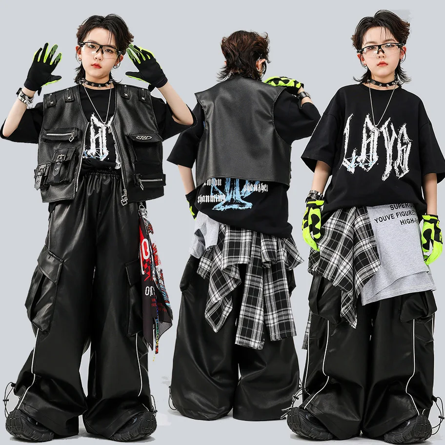 

Kids Boys Gilrs Stage Show Hip Hop Leather Vest T-shirt Pants Sets Children Coat T Shirt Trousers Tracksuits Performance Costume
