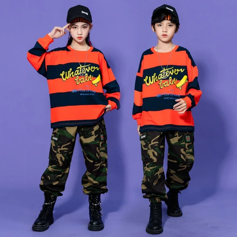 

Kids Boys Hip Hop Clothing Striped Sweatshirt Oversized Loose Top Streetwear Camo Cargo Pants for Girls Dance Costume 3-16 Years