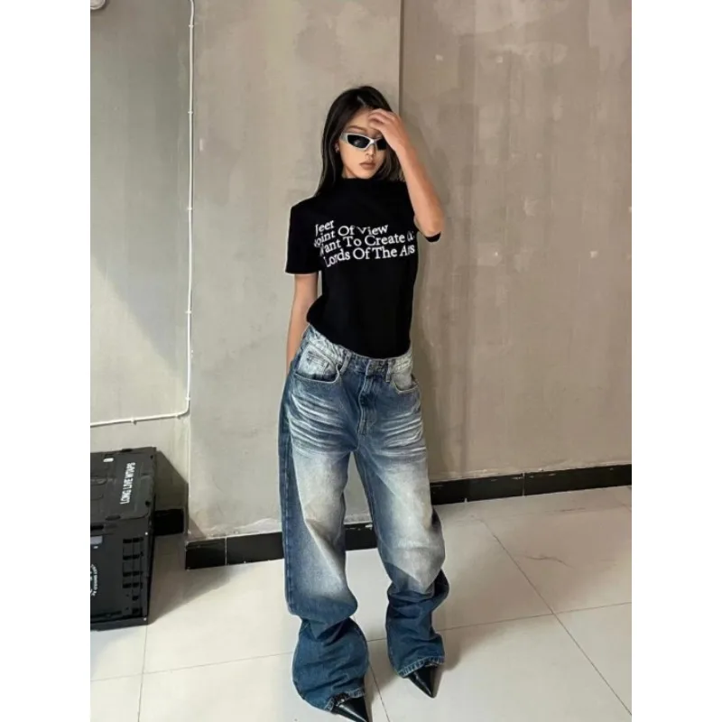 QWEEK Vintage Baggy Blue Jeans Woman America High Street Harajuku Casual Wide Leg Denim Pants Korean Fashion Basic Pantalones