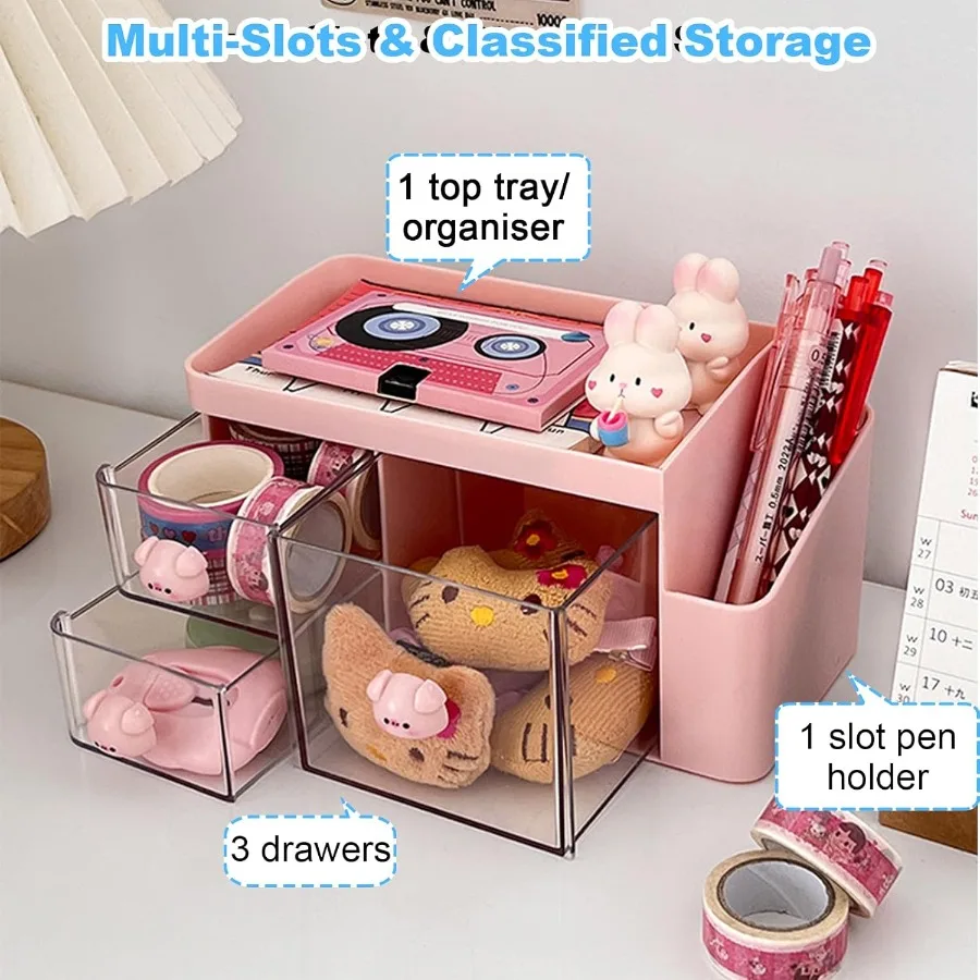 Organizer Meja dengan 3 Laci, Organizer Alat Tulis Lucu untuk Meja, Kotak Penyimpanan Makeup Plastik, Aksesoris Meja Multifungsi, Tempat Penyimpanan Rapi