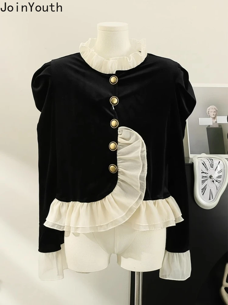 Black Velvet Blouse Women Clothes 2024 Camisas De Mujer Vintage Shirts Stand Neck Crop Tops Ruffles  Sweet Tunic Blouses 63a830