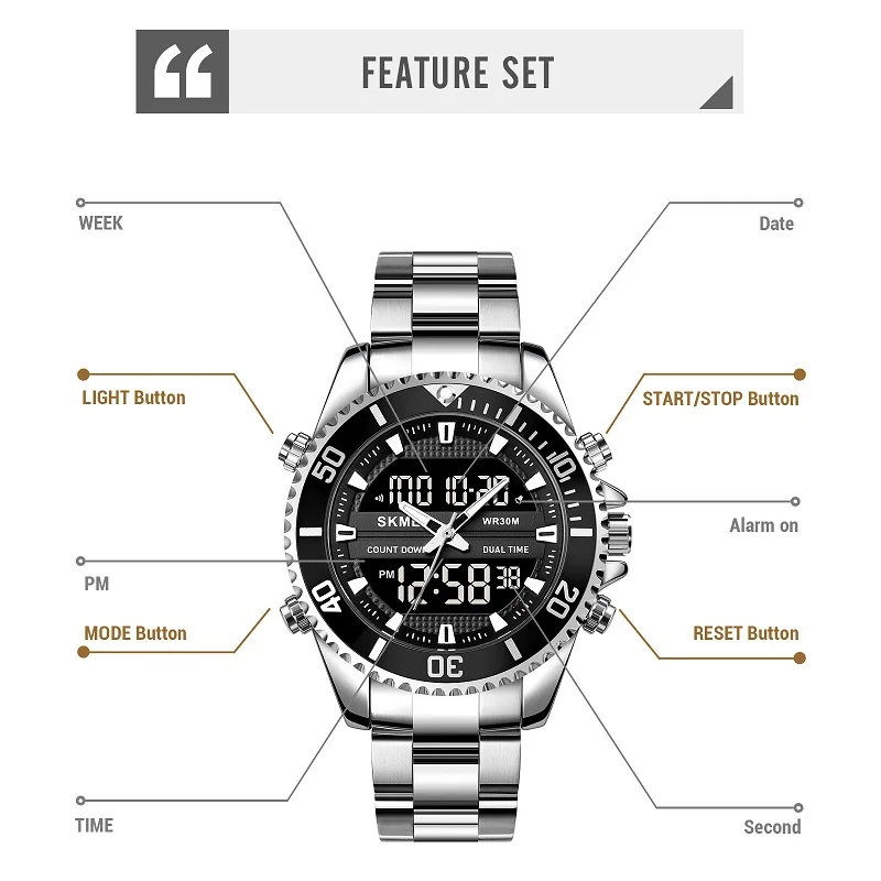 SKMEI قمة الموضة الساعات الرقمية للرجال المزدوج عرض الساعات 2 الوقت مقاوم للماء كرونو إنذار الفولاذ المقاوم للصدأ الرجال ساعة Reloj