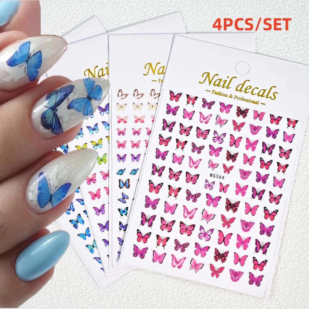 

4PCS/Lot Pink Bule Butterfly Nail Stickers 3D Flowers Leaves Self Adhesive Transfer Sliders Manicures Foil DIY Decoration ZKN190