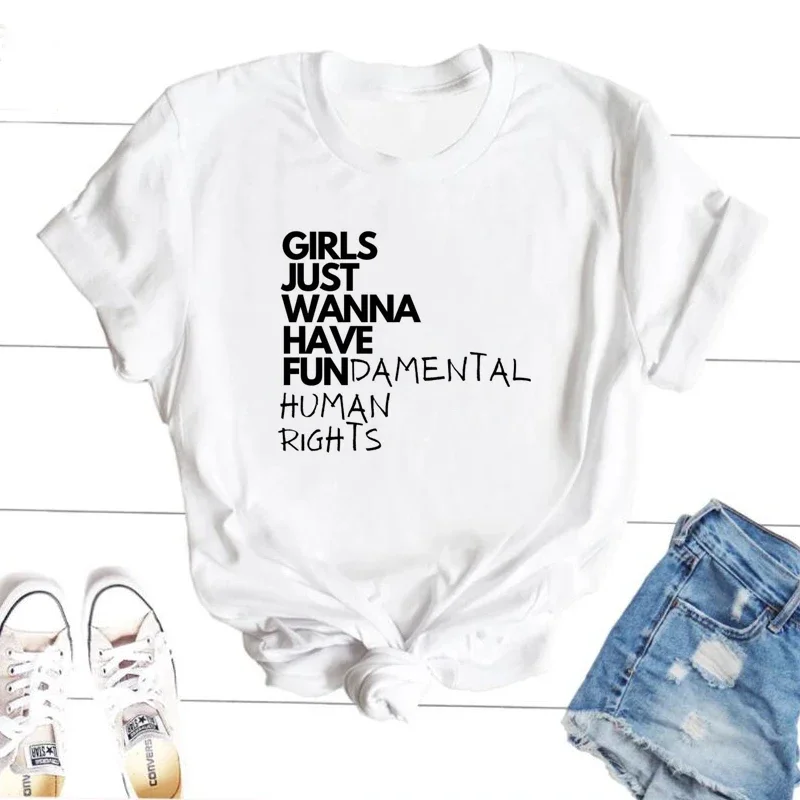 These Girls Just Want Basic Human Rights. Women's Summer Short-Sleeve Feminist T-Shirt Casual T-Shirt 90s Style T-Shirt Y2K Top