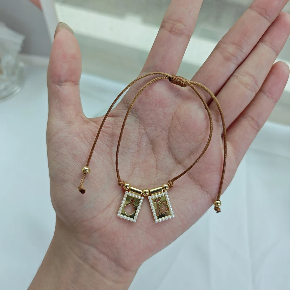 5 pcs/lot Best-Selling Scapula Charms Bracelets Gold Plated Brass Pearl Religious Pendant Thread Adjustable Bracelet For Women