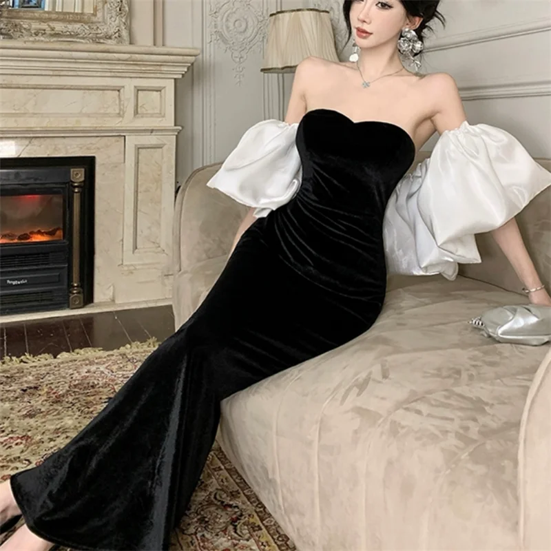 

French Vintage Patchwork Ruffles Elegant Long Black Mermaid Dress New Spring Women Off Shoulder Strapless Velvet Party Dress