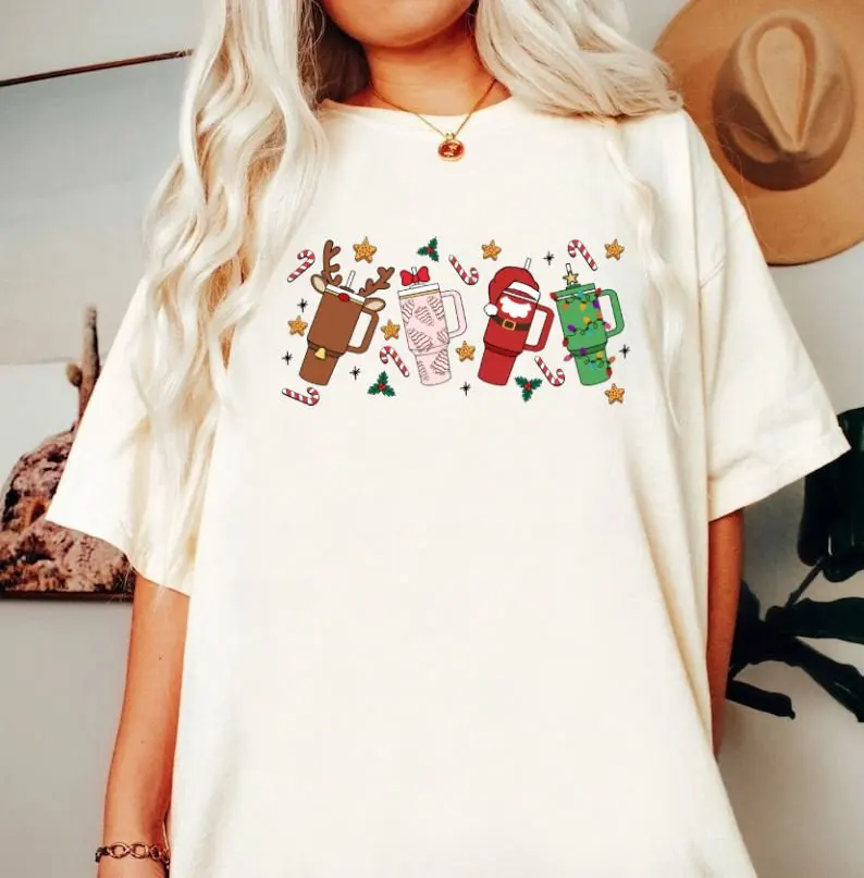 Cute Cotton Christmas Cup Disorder Women T-Shirt 2023 New Voguish Christmas Female Shirt 2023 Fashion Family Party Christmas Tee