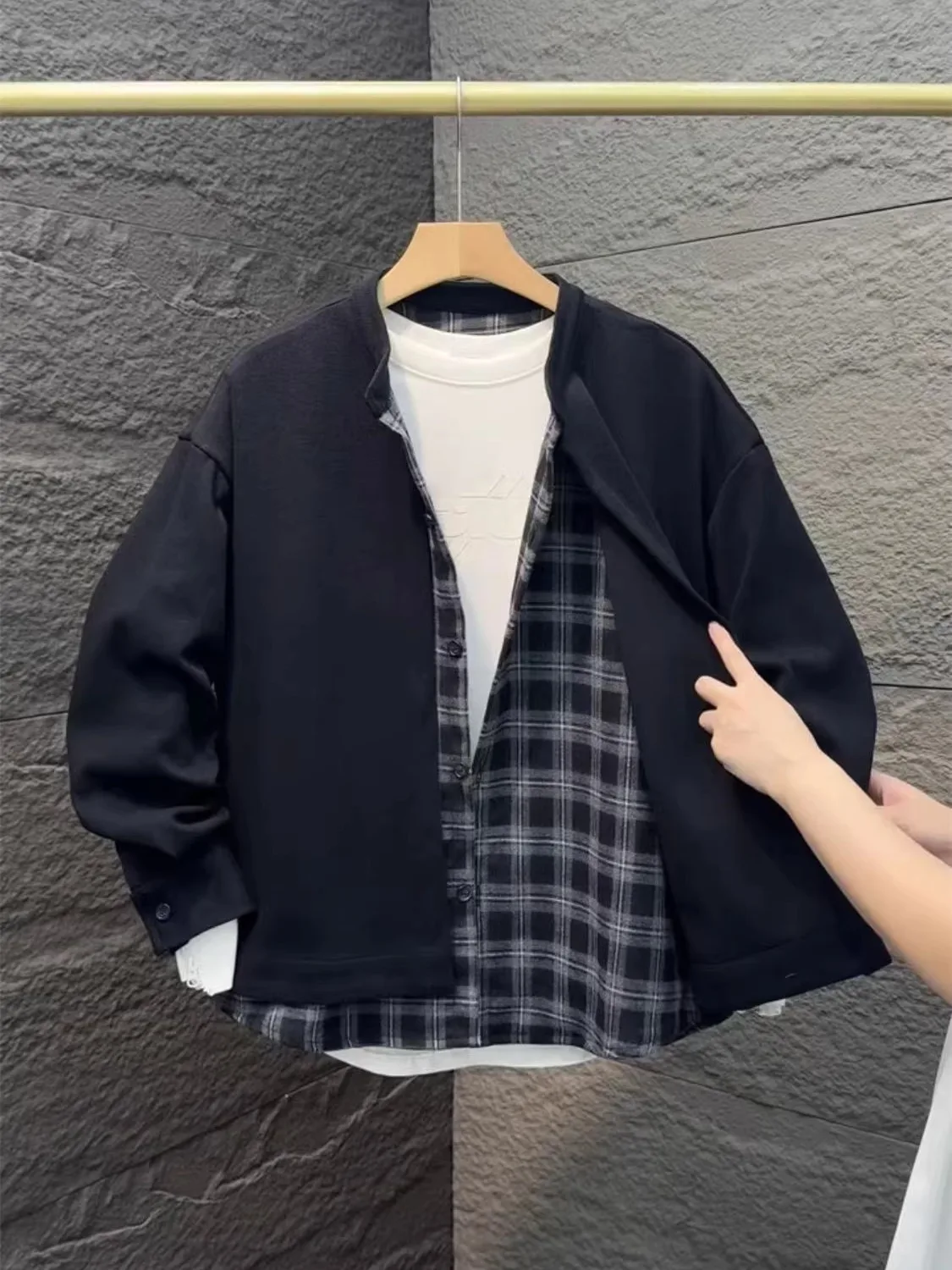 

Fall New Sle Men's Retro Patchwork irt Jaet Cool Haome All-Match Outerwear Loose Fit Long Sve Button down Coat