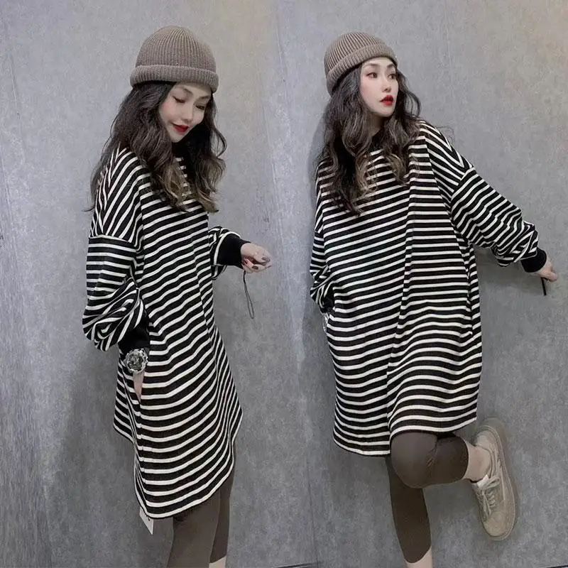 Vintage Striped Plus Size T Shirts Spring Autumn New Long Sleeve Loose Youth Fashion Mid-length Tops Tees Casual Women Clothing