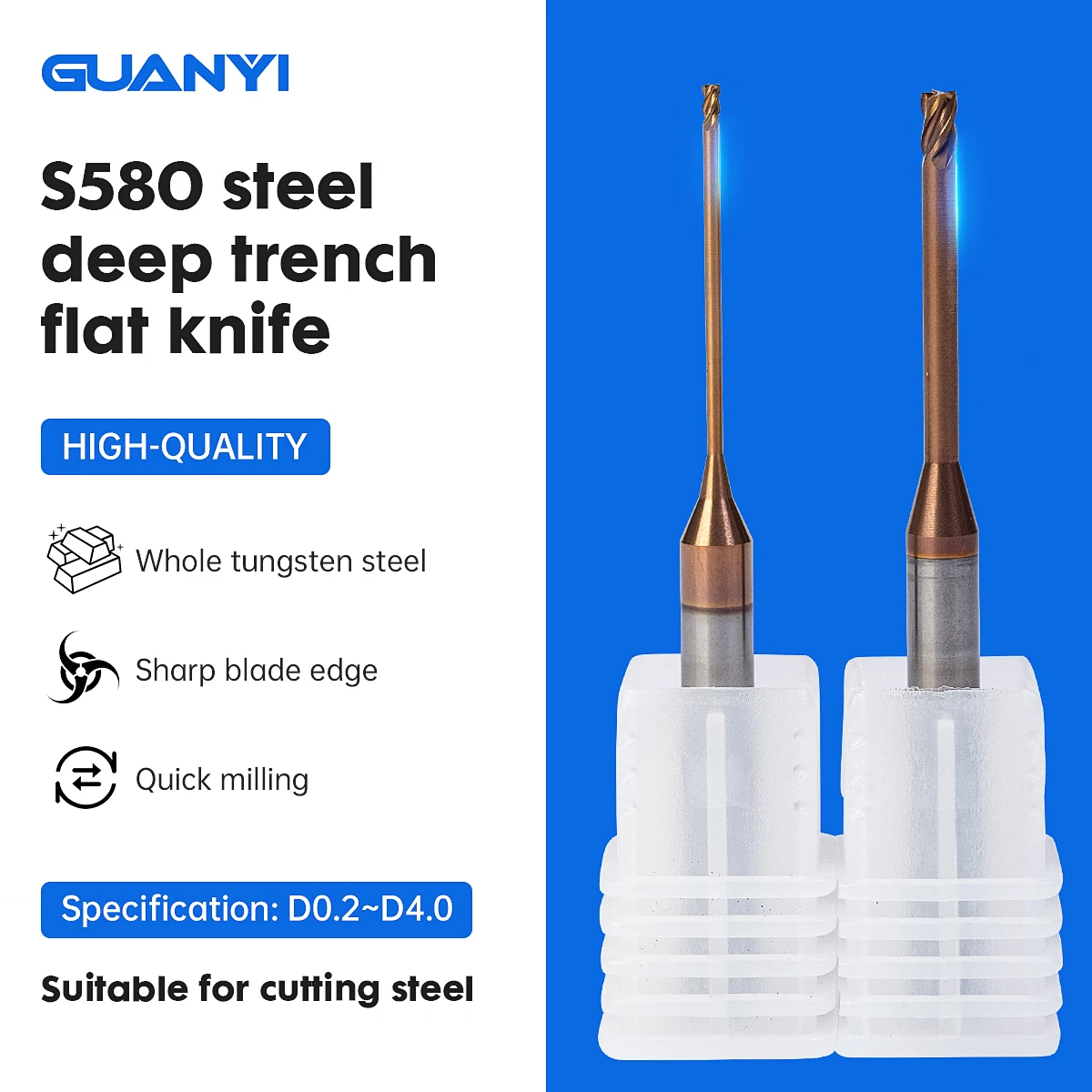 GUANYI  Steel Deep Groove Flat Cutter Carbide Ball End Mill D0.2d4.0 End Mill For Cutting Steel