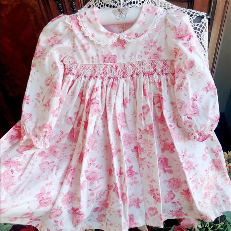 British classical spring and autumn long-sleeved handmade embroidered rose pleated princess girl baby cotton dress