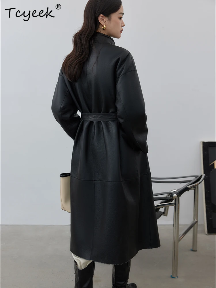 Tcyeek Prawdziwa Wełna Jesień Zima Elegancki Modny Dwustronny Jednolity Kolor Długi Damski Wełniany Płaszcz z Kożucha Futro Fourrures Femme