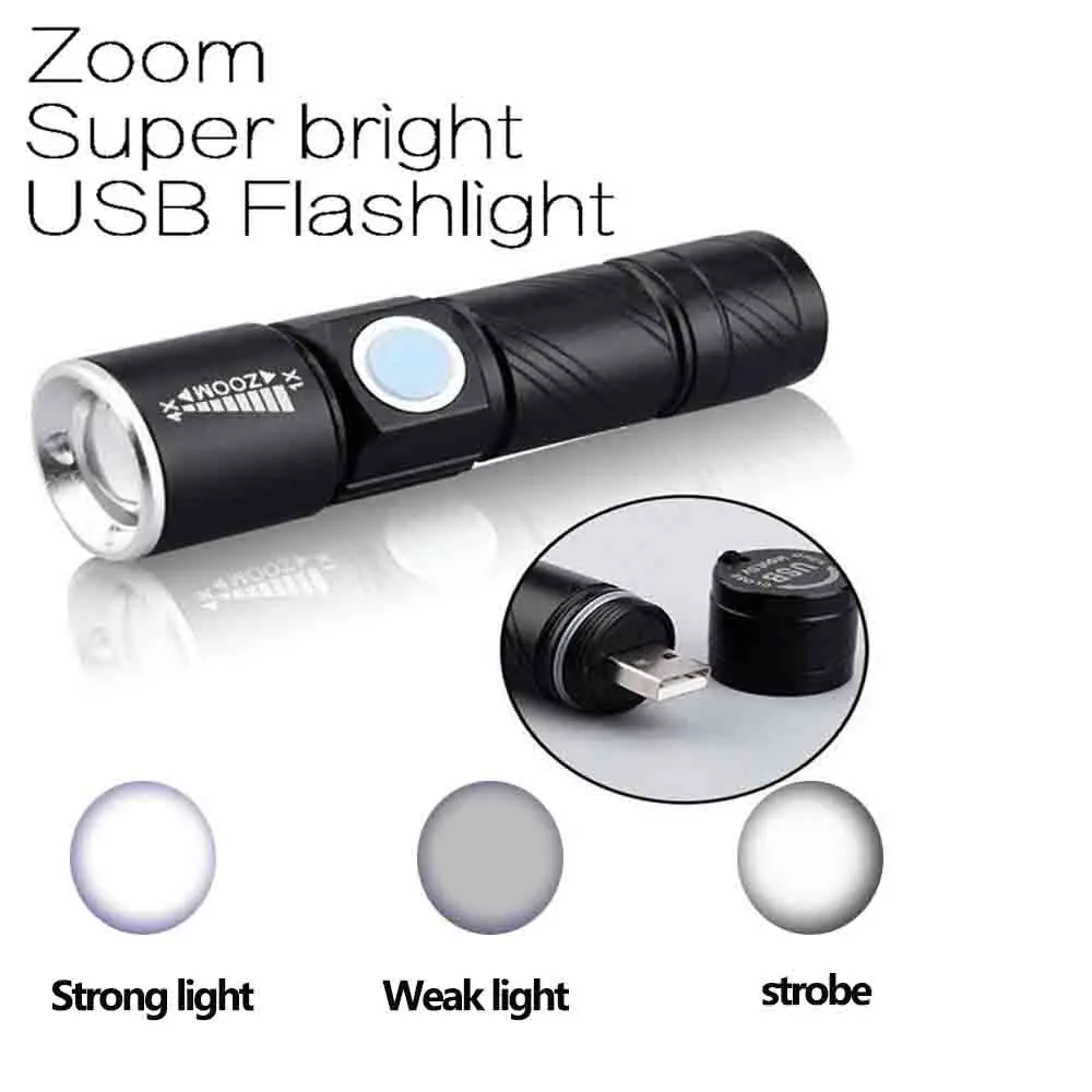 Mini USB Rechargeable Flashlight 3 Modes Zoom Light Flash Waterproof Tactical Camping Bike Torch Lasting Built-in Battery