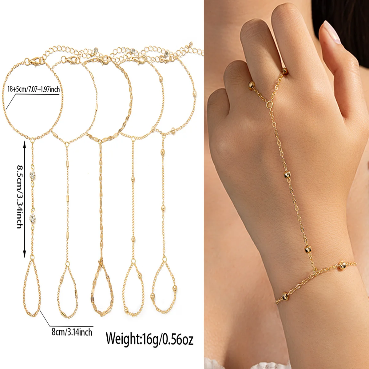 Niche gentle style golden beaded finger-connected bracelet, integrated ring bracelet
