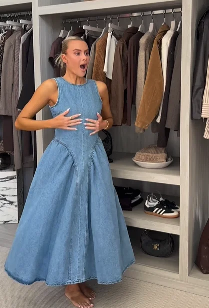 Vrouwen Vintage Hollow Out Denim Maxi Jurk Backless Een Lijn Denim Gewaden Lace Up Vestidos 2025, Nieuwe Dame Zomer Vakantie kleding