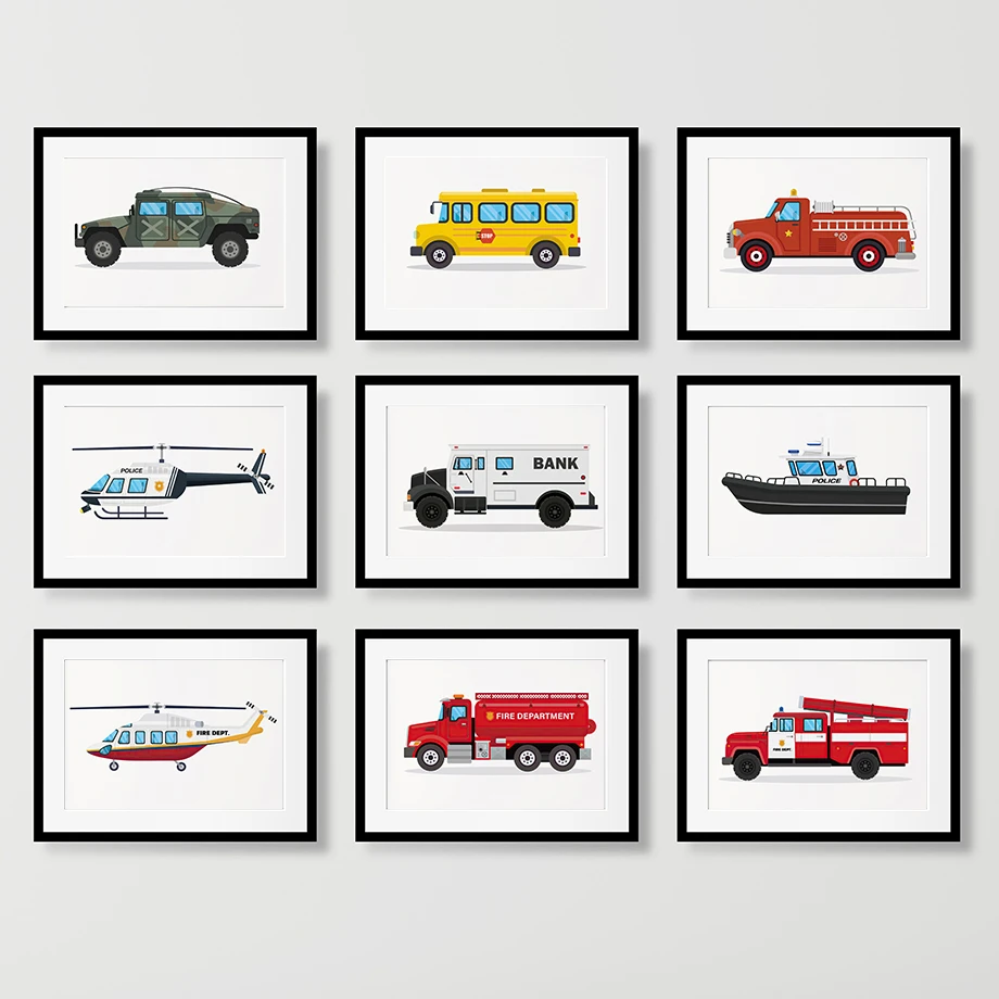 Helicopter Steamship Fire Fighting Truck School Car Army Vehicle Fashion Wall Art Canvas Painting Nordic Poster Room Decor