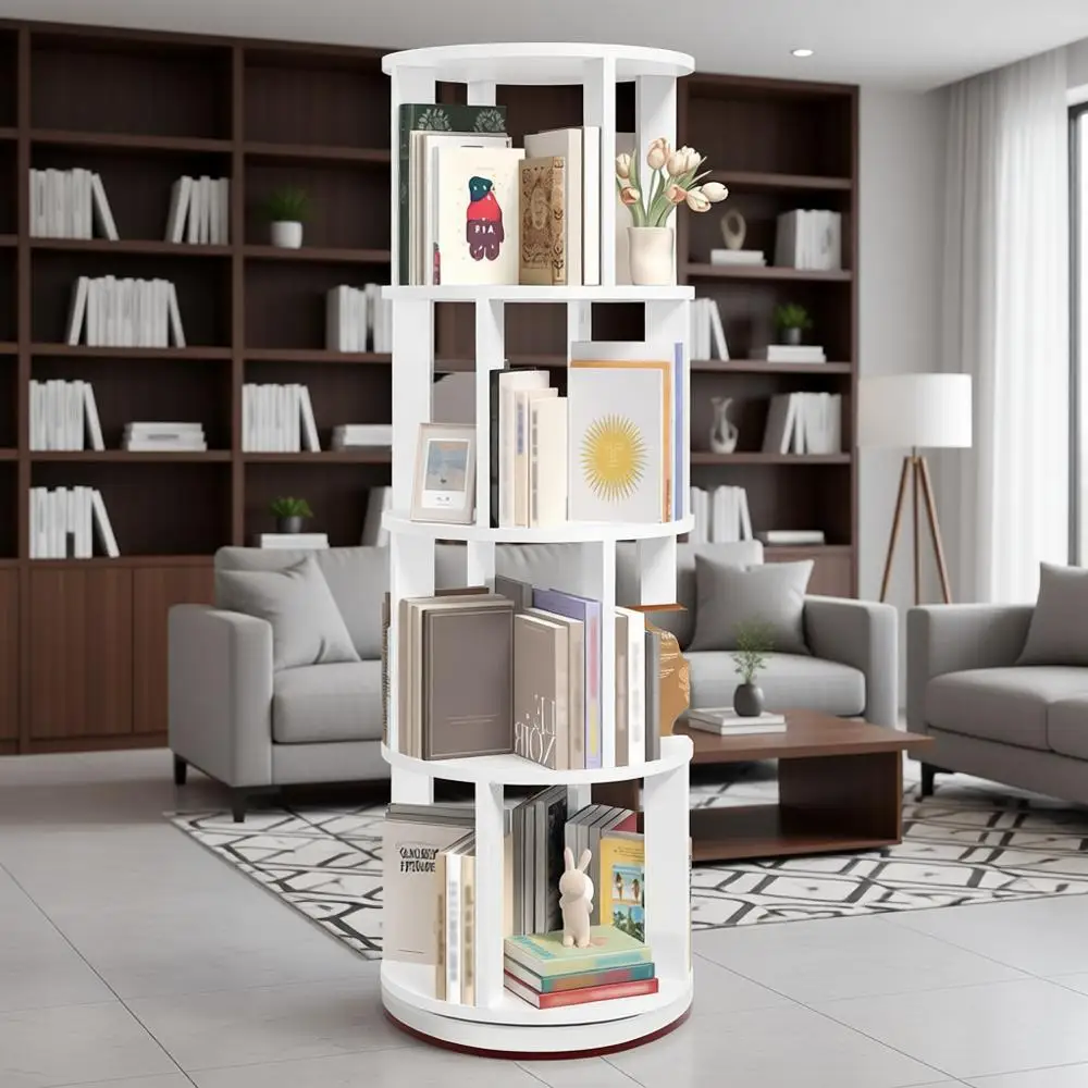 

4-ярусная вращающаяся книжная полка-башня, 360 градусов ° Вращающаяся подставка для книг и компакт-дисков для гостиной, кабинета, спальни - белая
