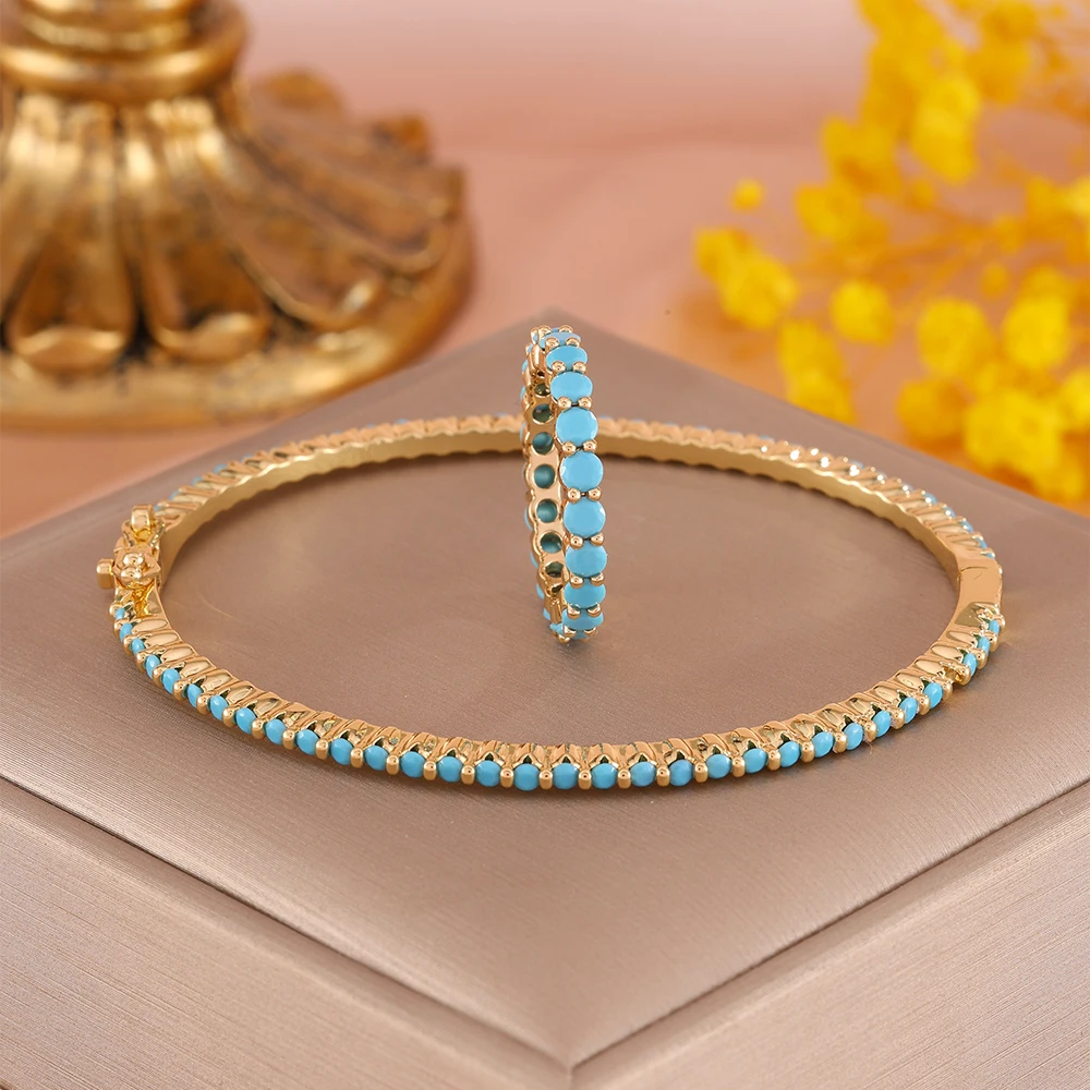 ZAKOL 2-teiliges Set Einfaches Exquisites Rundes Türkis-Zirkon-Armband und Ringe Hochwertige Kupfer-Armreifen Modisches Party-Schmuckset – Detail 5