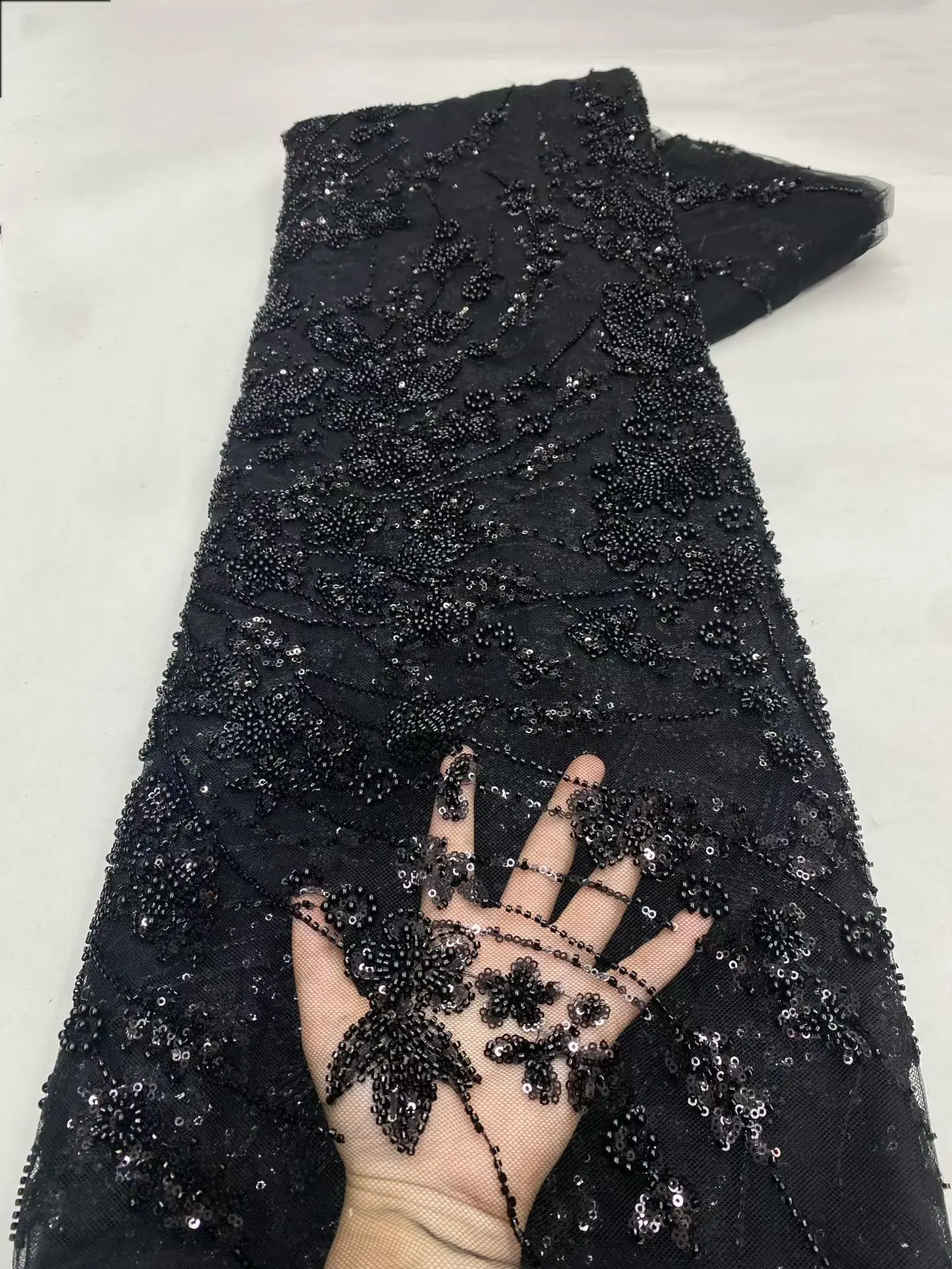 

5 Yards African Bridal Lace Fabric with Sequins Beaded Embroidery High Quality French Tulle for Wedding Groom Nigerian Style