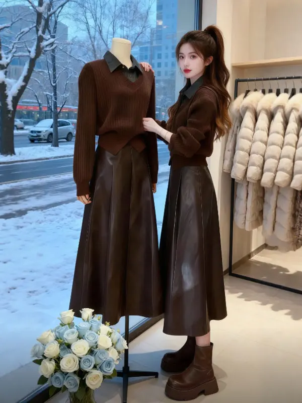 

Fashionable Knitted Sweater And Skirt Set Retro Style Comfortable Mid-Rise Waist Long Sleeve V-Neck Autumn Collection for You...