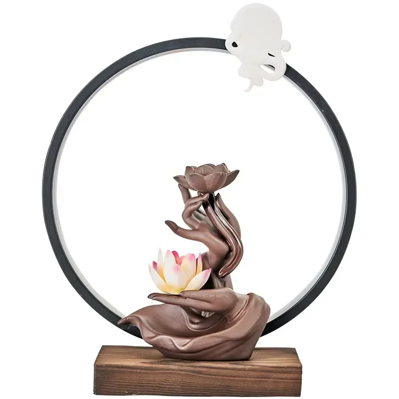 

Home Office Ornaments LED Lamp Ceramic backflow incense burner Zen buddha hand lotus waterfall holder