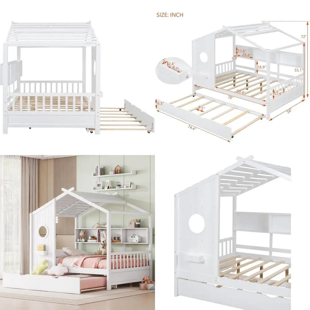 

White Multi-Functional Daybed with Trundle and Storage Shelves, Suitable for Kids' Rooms, Easy Assembly