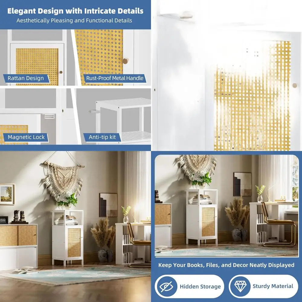 

White Freestanding Bamboo Bathroom Storage Cabinet with Rattan Doors for Small Spaces