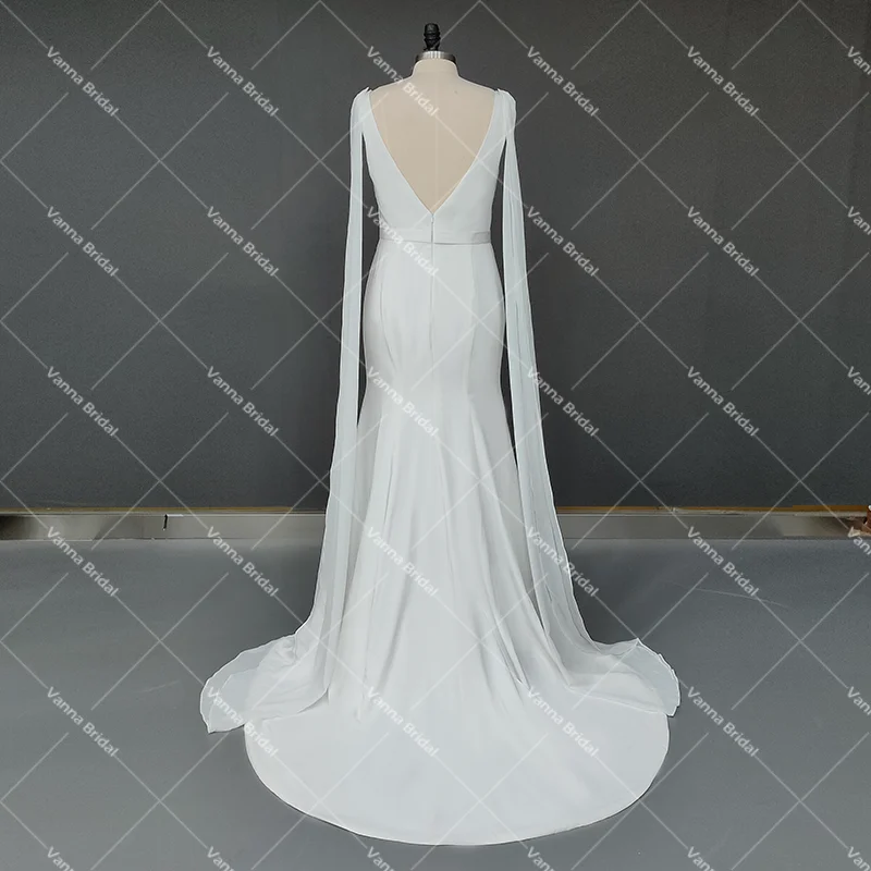 Abito da sposa a sirena con doppio scollo a v aderente semplice senza schienale 2021 nuovo staccabile in Chiffon drappeggiato con cerniera abiti da sposa semplici da spiaggia