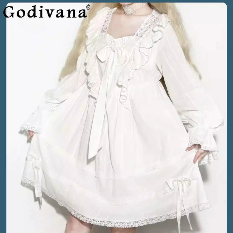 

Spring Summer New Lolita Women White Ruffles Princess Dress Elegant Lace Sweet High Waist A-line Bow Square Neck Nightdress