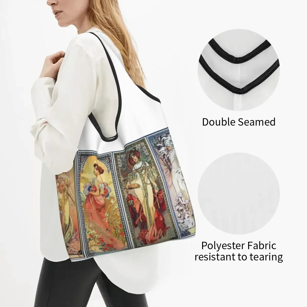 Alphonse Mucha Ablum Diary Grocery Bags Durable Large Reusable Recycle Foldable Heavy Duty Beautiful Women Shopping Tote Bag