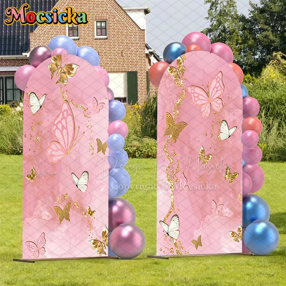 Mocsicka Pink Butterfly Arch Background Covers Happy Birthday Baby Shower Girl Photo Arched Backdrops Soft Washable Decors Props