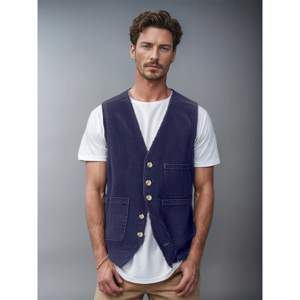 Men\'s new spring and autumn corduroy vest with pocket splicing design multi-color optional single-breasted V-neck men\'s vest