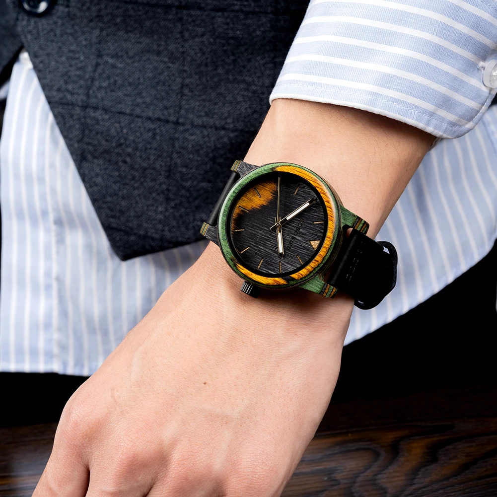 2023 BOBO BIRD Men Wooden Watches Leisure Fashion Colored Wood Quartz Wristwatch Reloj Hombre Personalized Custom Gift