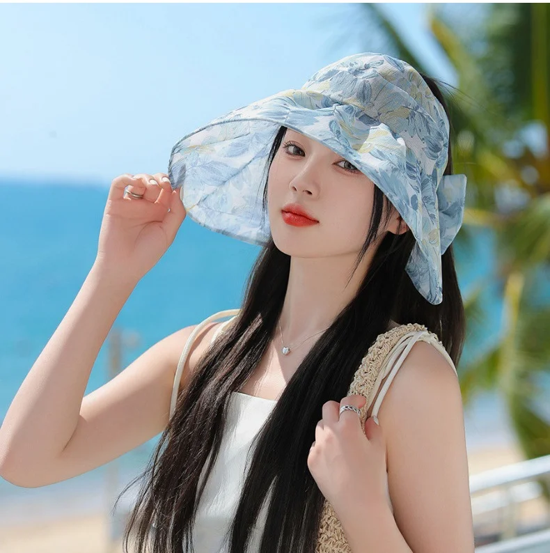 Summer Goddess Elegant Flower Cloth Big Edge Hollow Top Hat Female Casual UV Shade Hat Korean Version Sunscreen Hat